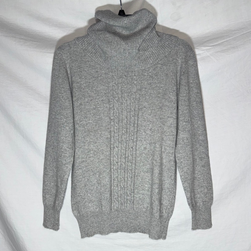 Grey Wool & Cashmere Blend Cable Knit Cowlneck Sweater Quiet Luxury Size L